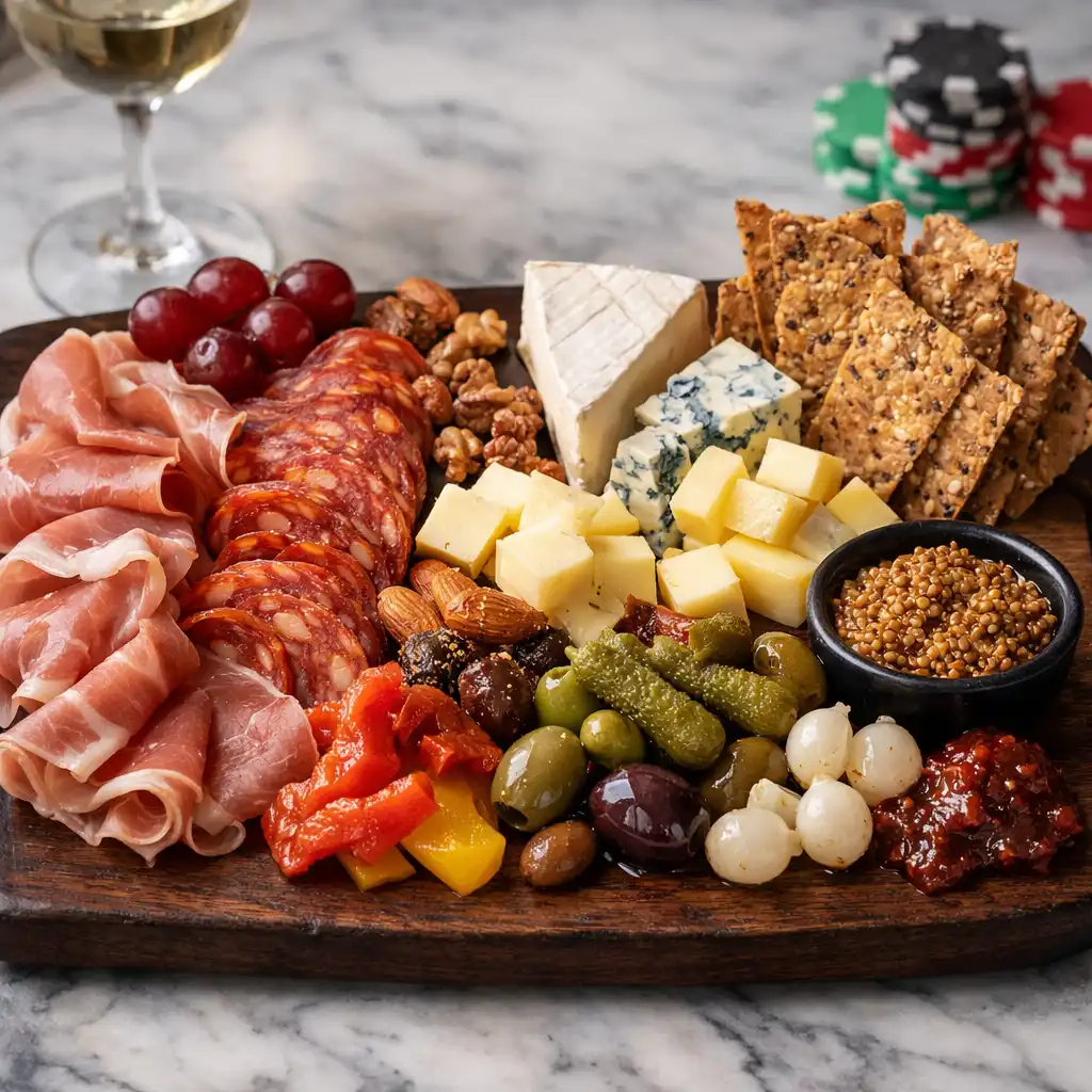 Artisanal charcuterie board with cured prosciutto, cheeses, and crackers