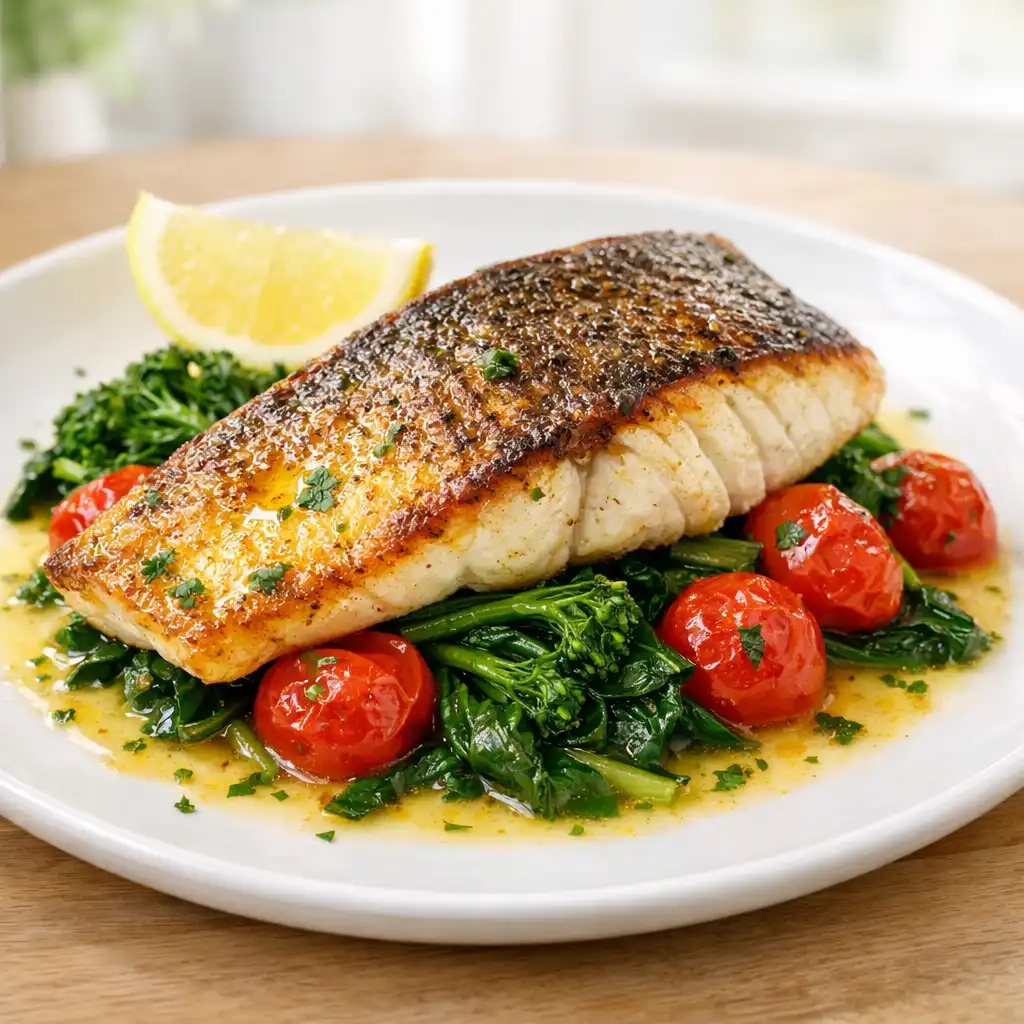 Pan-seared Australian barramundi fillet with asparagus and lemon caper glaze
