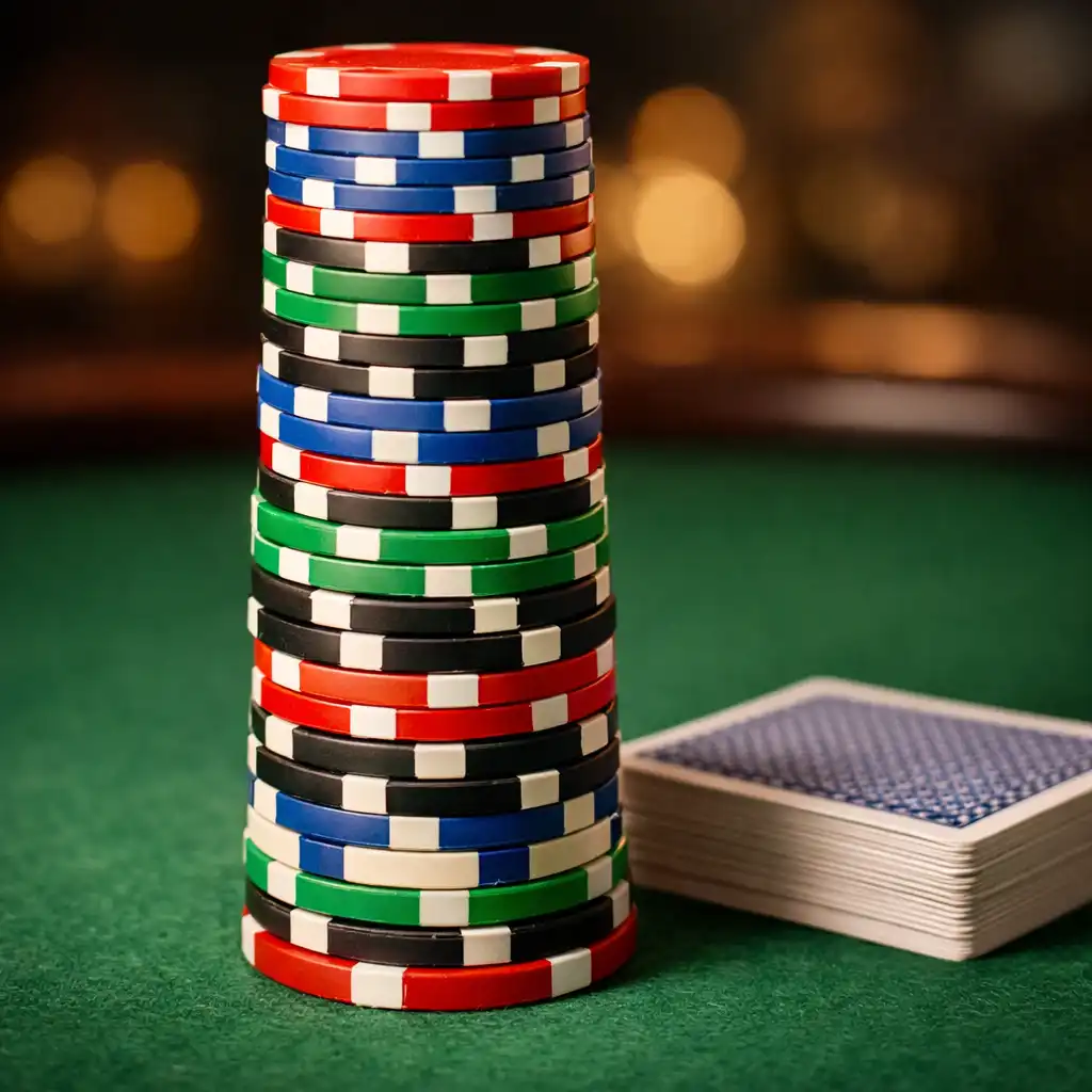 Tall stack of colorful poker chips on a green felt table