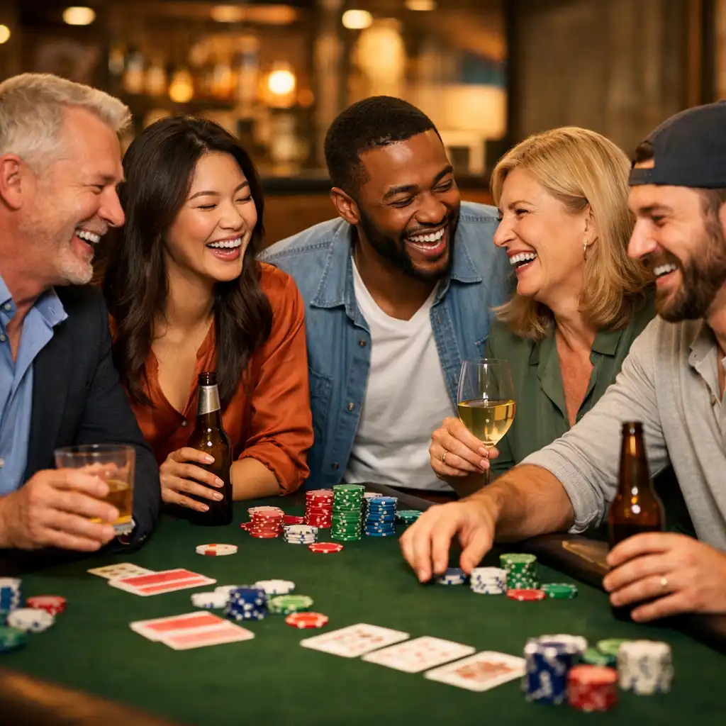 Group of happy poker players socializing around a table
