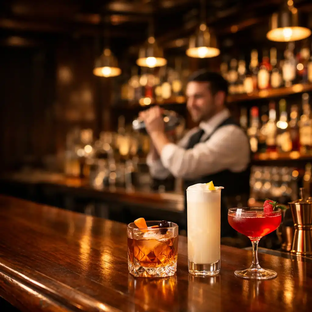 Cocktail bar at Shuffle & Hearth with illuminated bottles and bartender preparing craft drinks