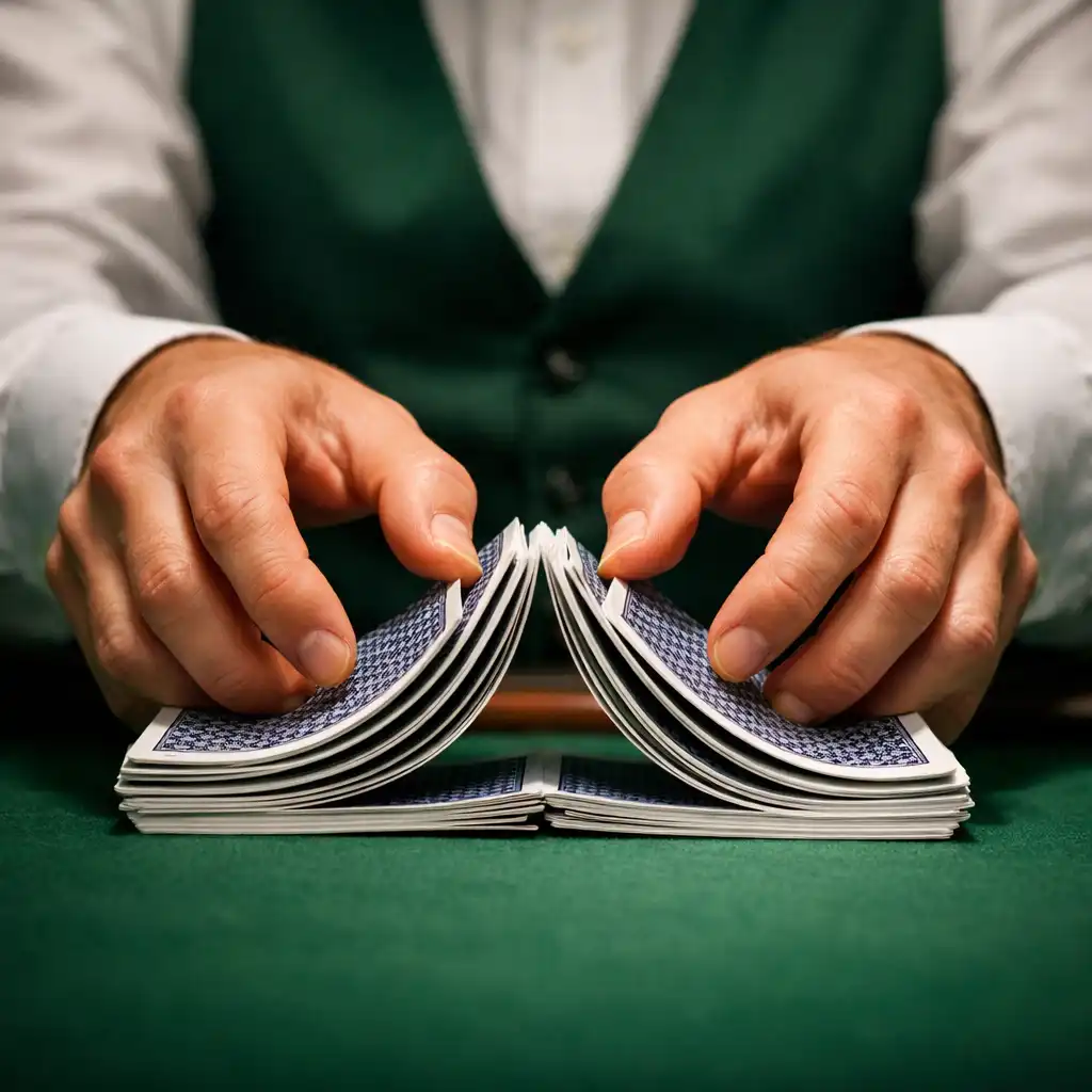 Professional dealer's hands shuffling a deck of cards