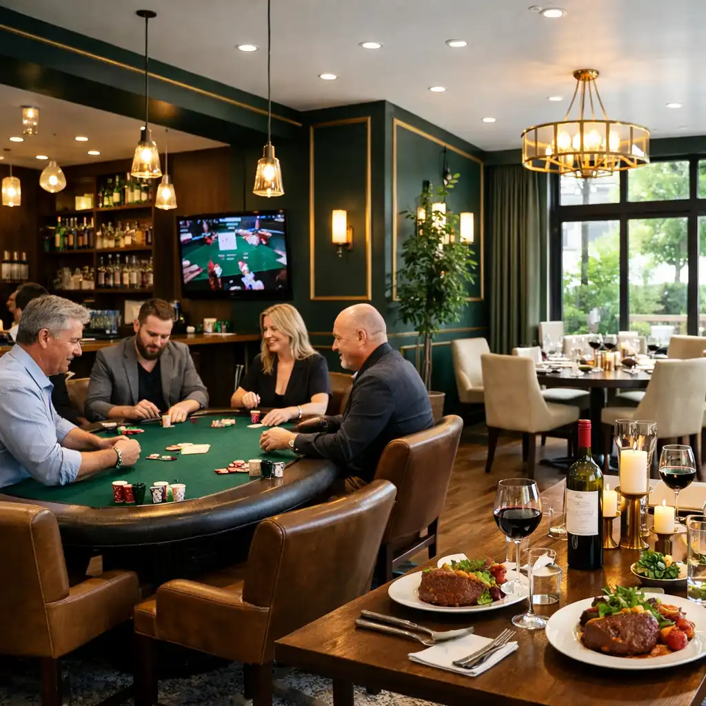 Modern gastropub interior combining a poker card room and dining area with green walls and gold accents