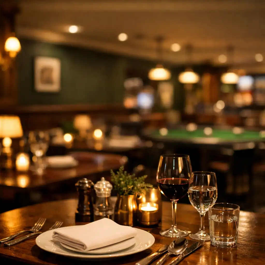 Warm ambiance of Shuffle & Hearth dining room with ambient lighting and wooden tables