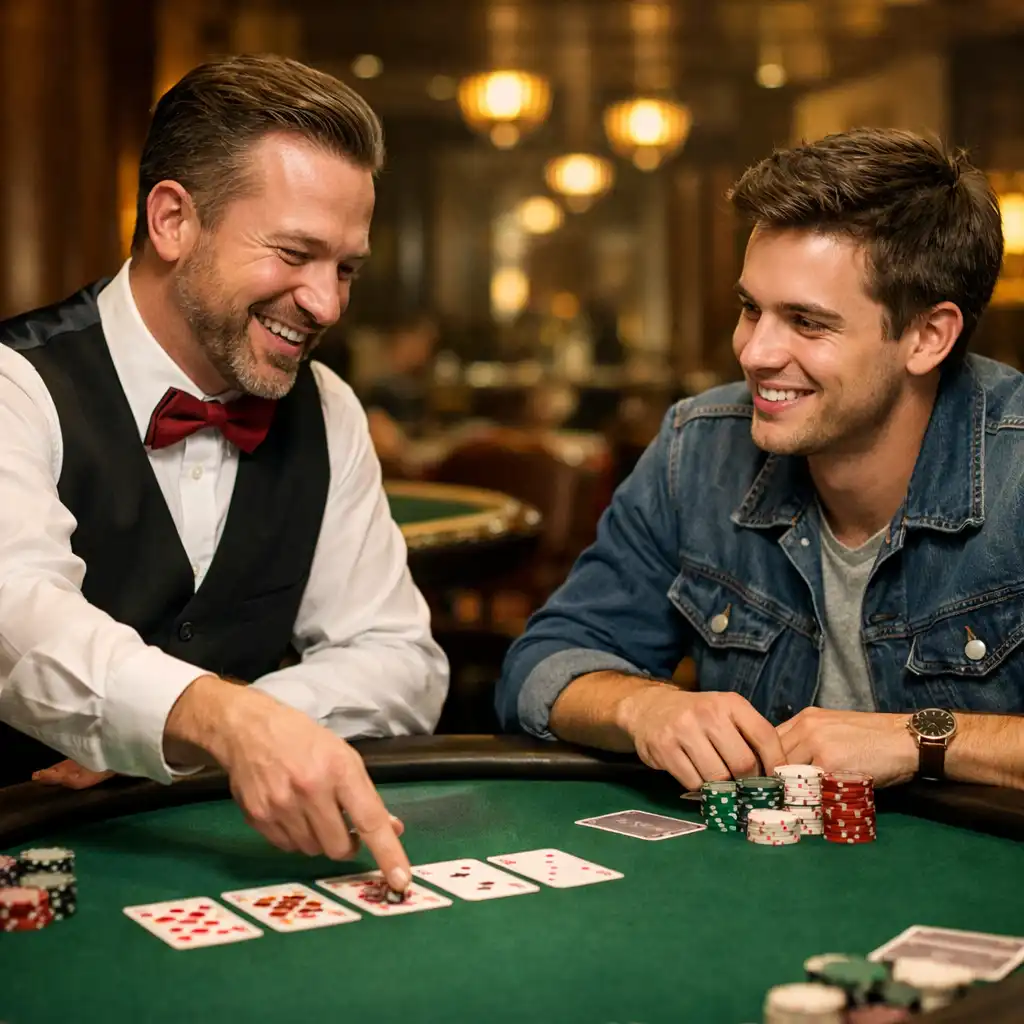 Friendly dealer explaining the game to a smiling beginner at a poker table