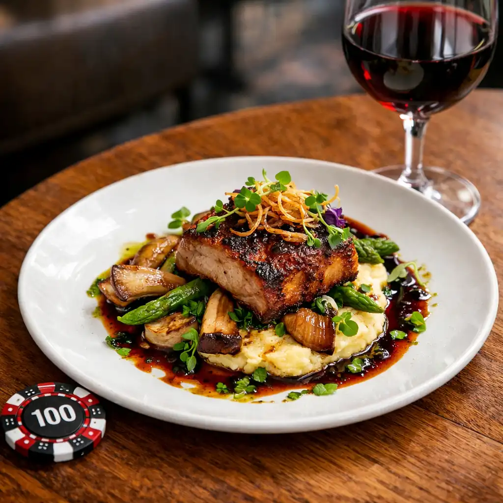 Gourmet gastropub dish served beside a poker chip and glass of red wine
