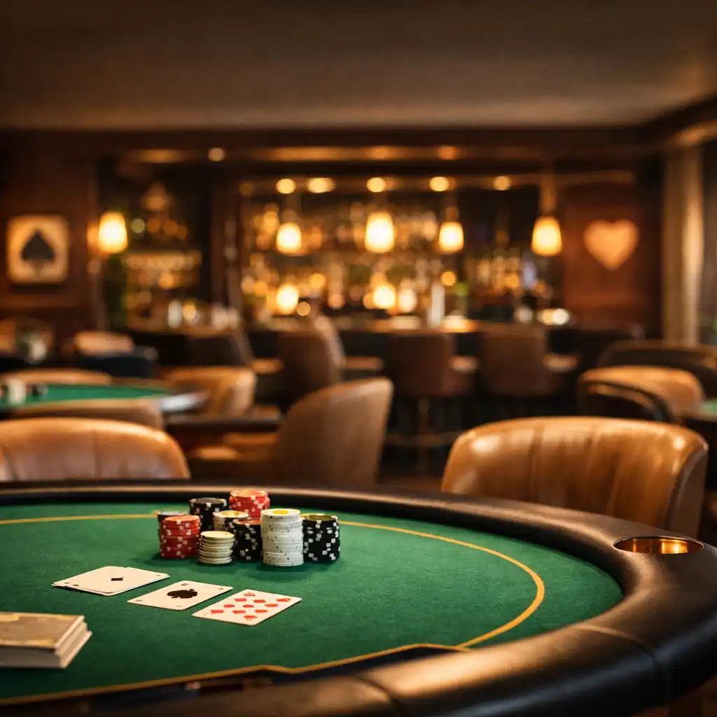 Warm interior of the Shuffleand Hearth poker lounge with green felt tables and gold accents