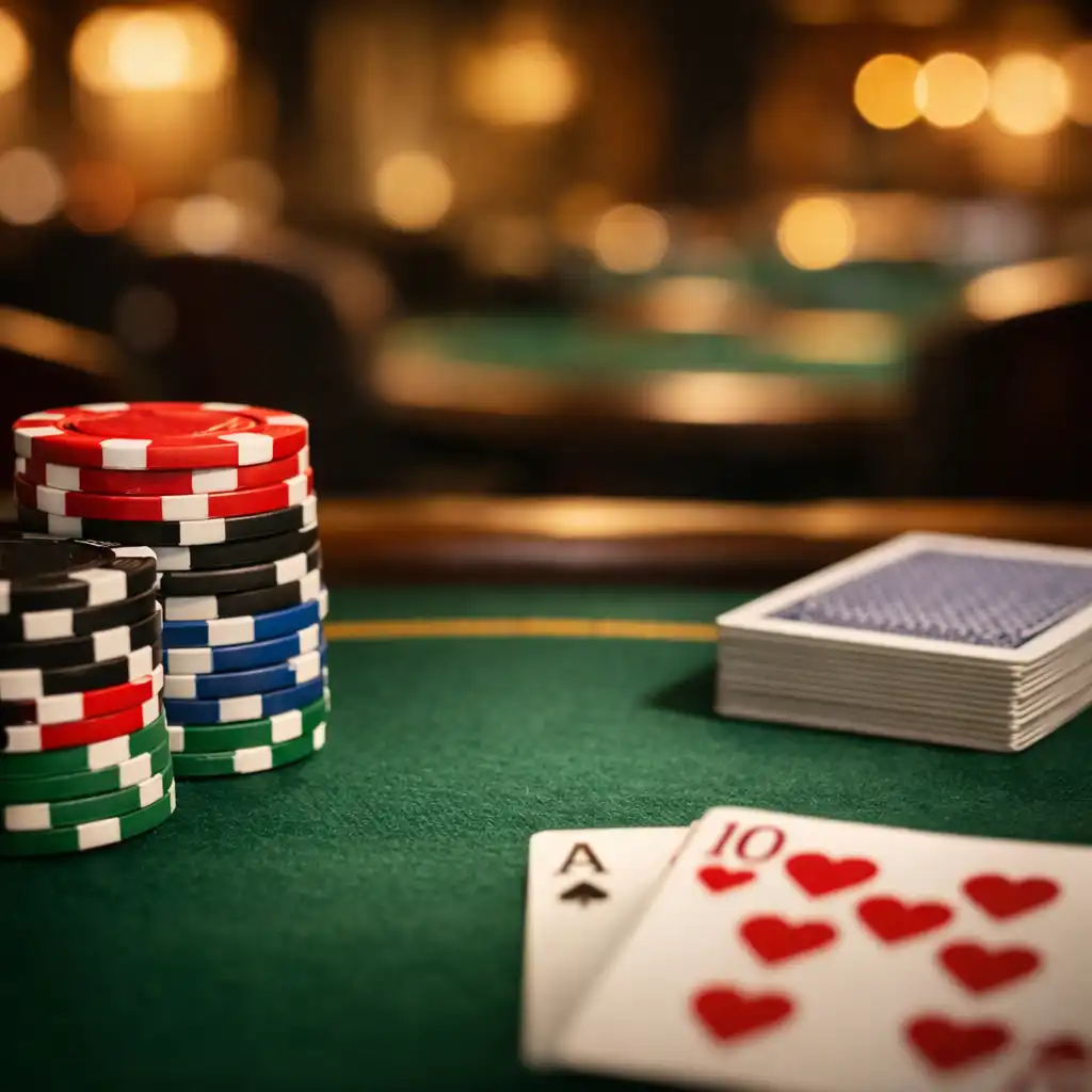 Professional poker table with green felt, colourful chips, and cards in the Shuffleand Hearth card room