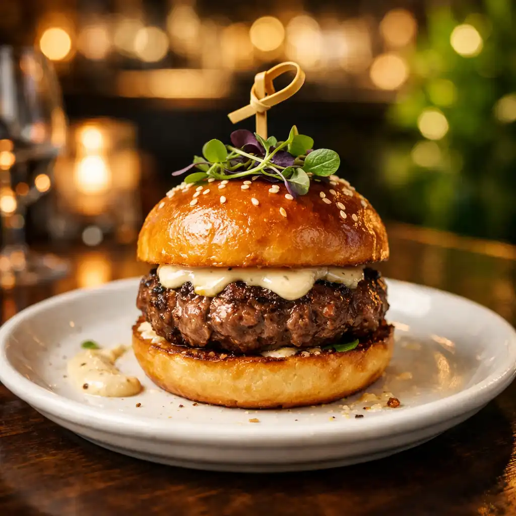 Wagyu beef slider with truffle aioli on a white plate in an upscale restaurant setting
