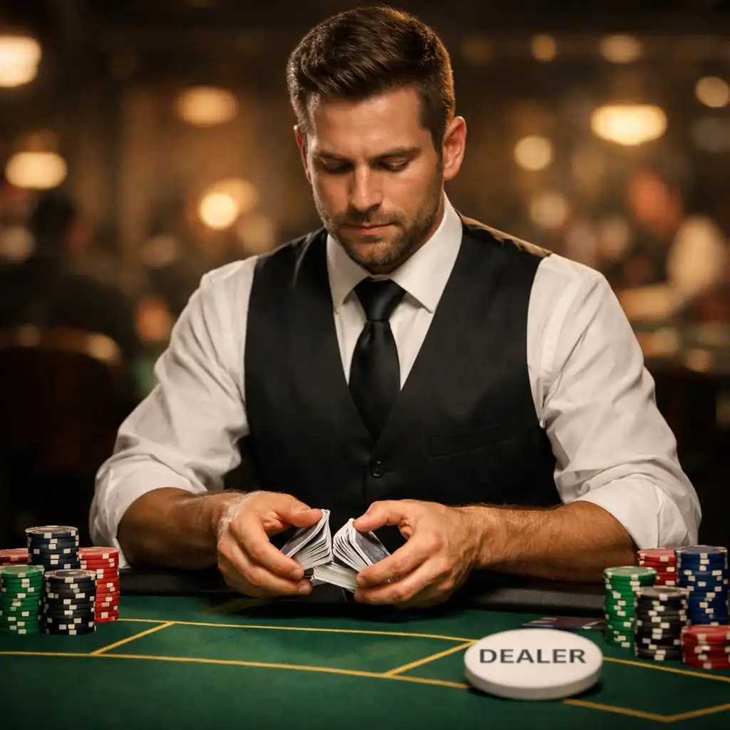 Professional poker dealer in a smart vest shuffling cards at a green felt table with focused expression