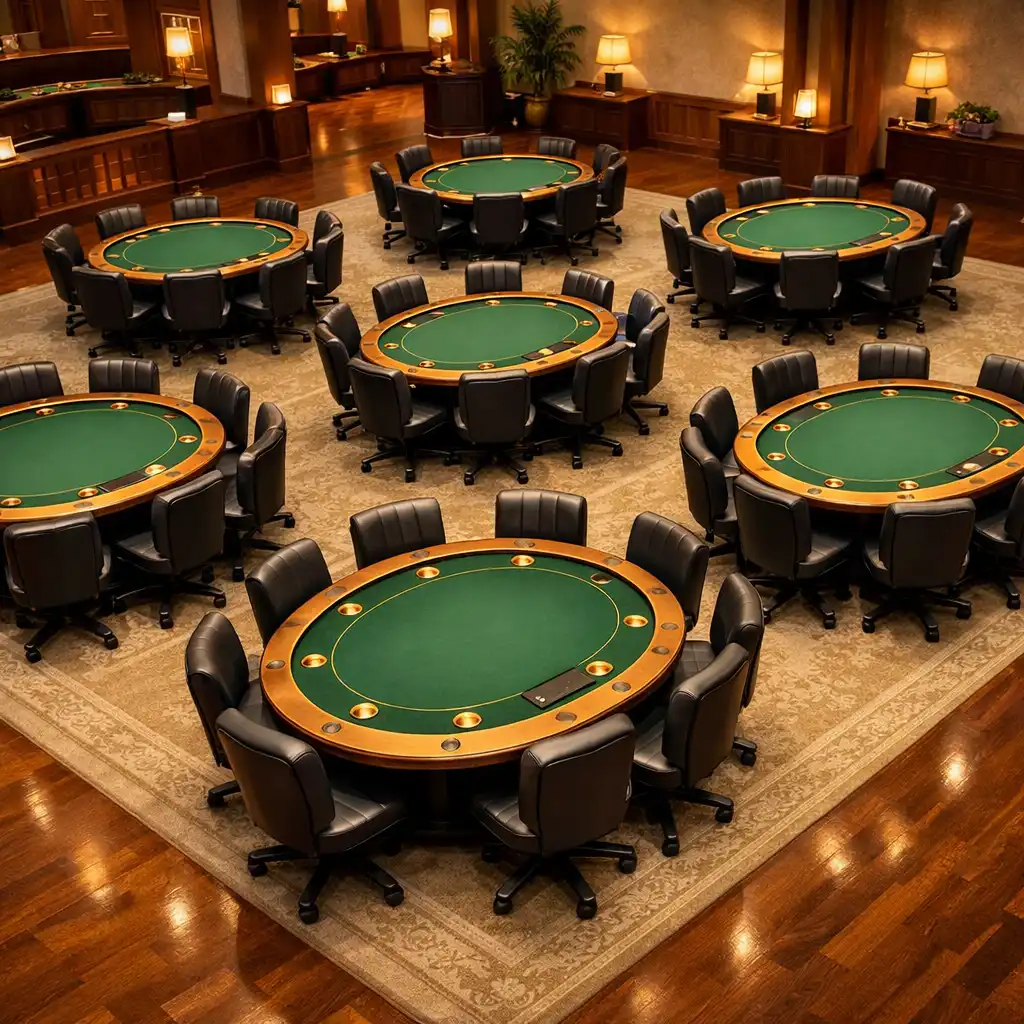 Overhead view of the poker room floor layout showing multiple round tables arranged in a spacious, organized grid
