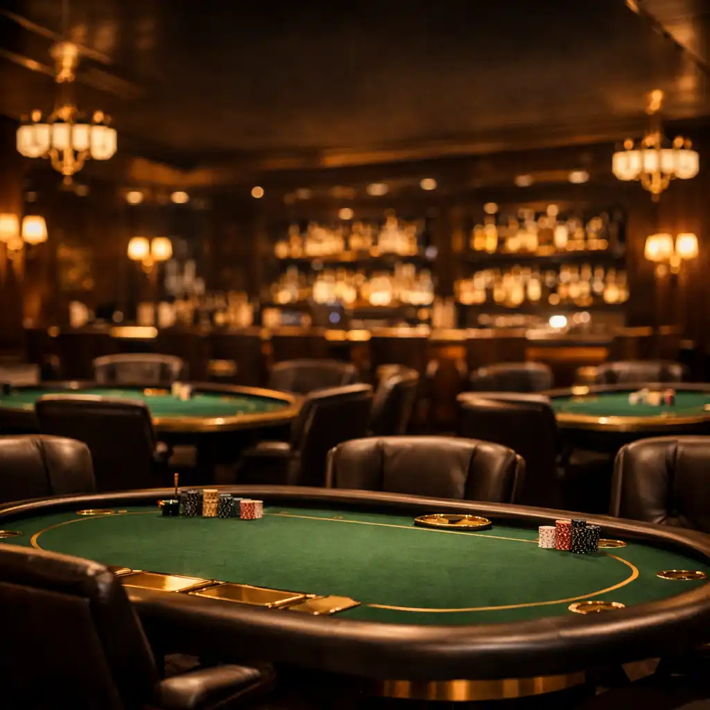 Wide view of the Shuffle & Hearth poker lounge with green felt tables, leather chairs, and warm brass lighting