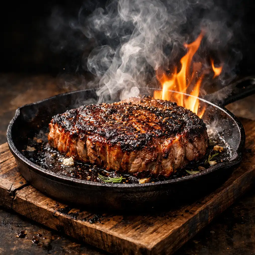 Steak sizzling on a cast-iron skillet with flames