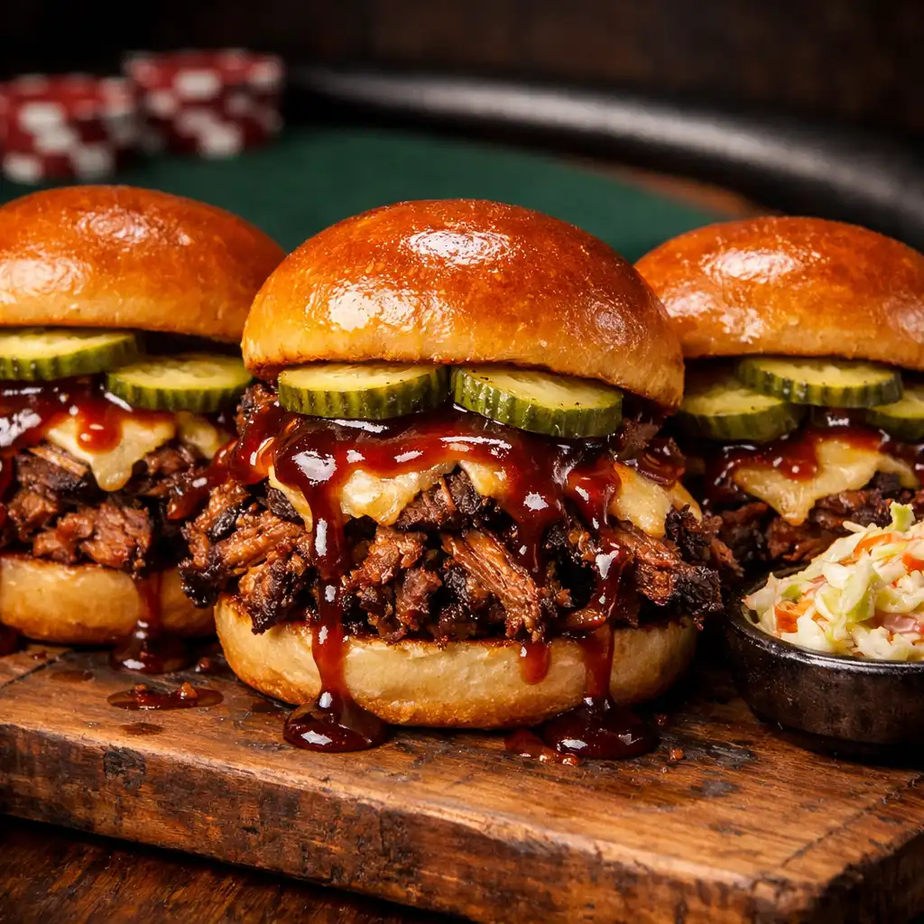 Smoked brisket sliders with house barbecue sauce and coleslaw