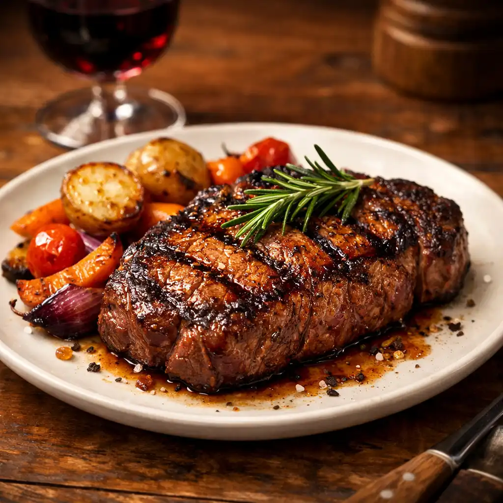 Grass-fed Australian steak on a white plate with rosemary and roasted vegetables, wine glass in background