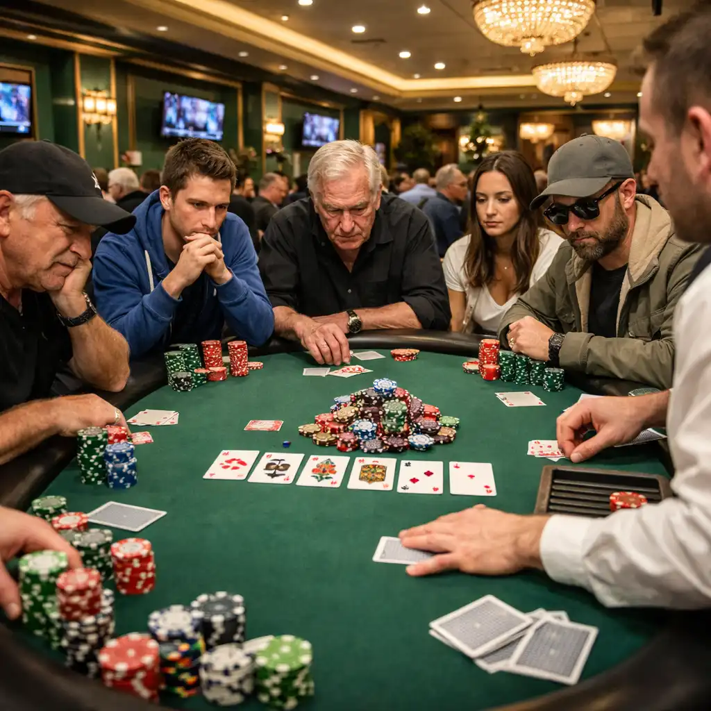 Lively poker table with players engaged in a hand