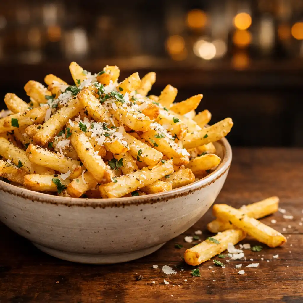 Bowl of crispy hand-cut golden fries tossed with black truffle oil and parmesan