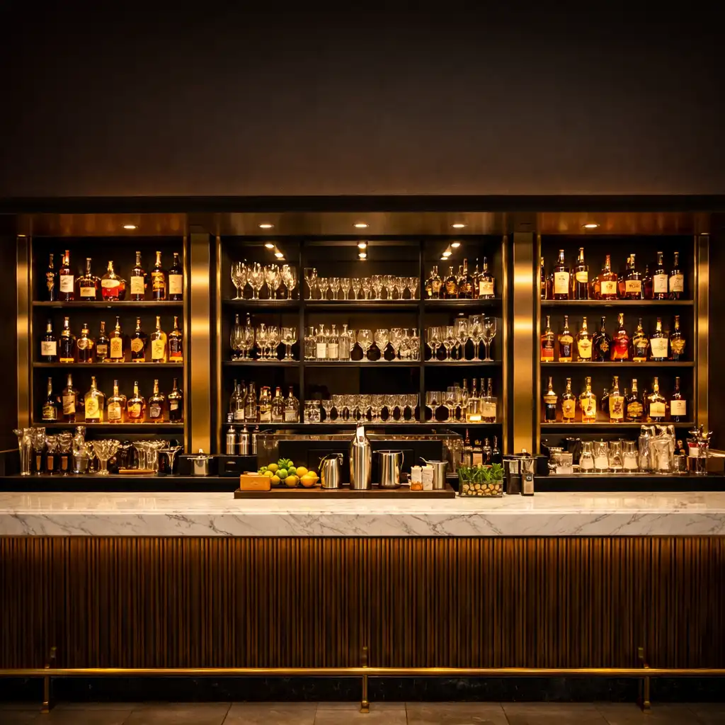 Stylish VIP bar counter with marble top, gold accents, premium spirits, and a mixologist station