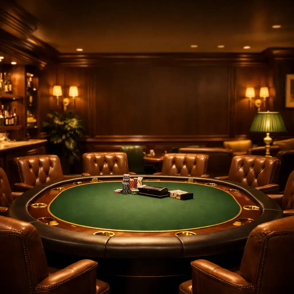 Elegant private poker suite with a professional table, plush chairs, and warm golden lighting