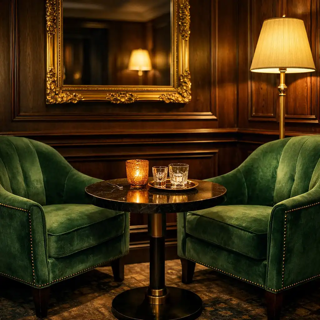 Cozy VIP lounge seating area with plush green velvet armchairs, dark wood paneling, and a gold-framed mirror