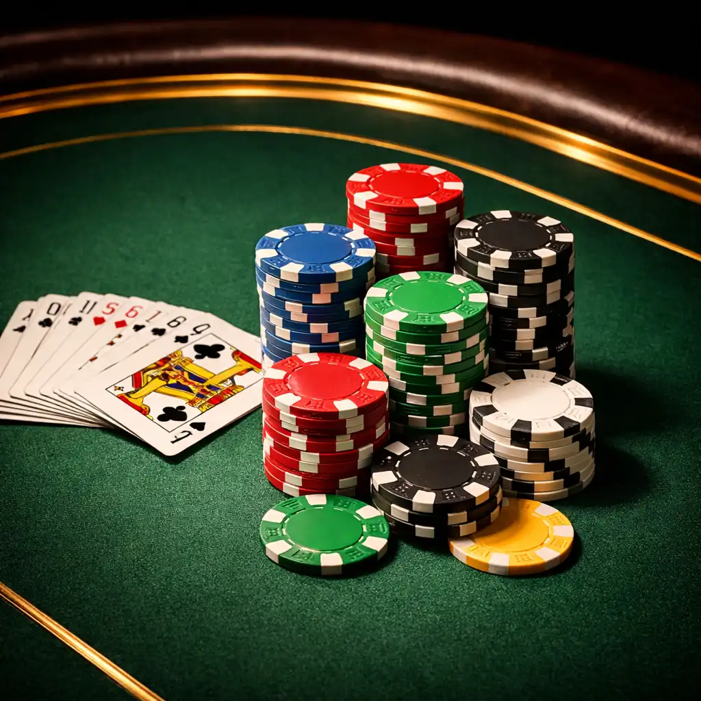 Close-up of a high-end poker table with green felt, gold trim, poker chips, and a fanned deck of cards