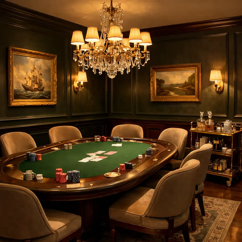 Interior of a private poker suite with green felt table, elegant chairs, dark green wainscoting, and a chandelier