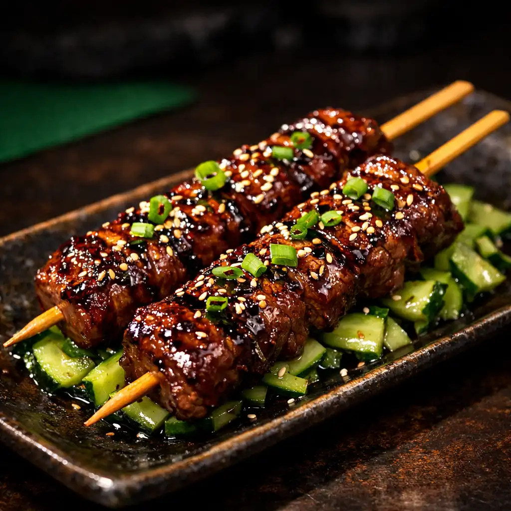 Grilled Wagyu beef skewers with tare glaze and sesame seeds