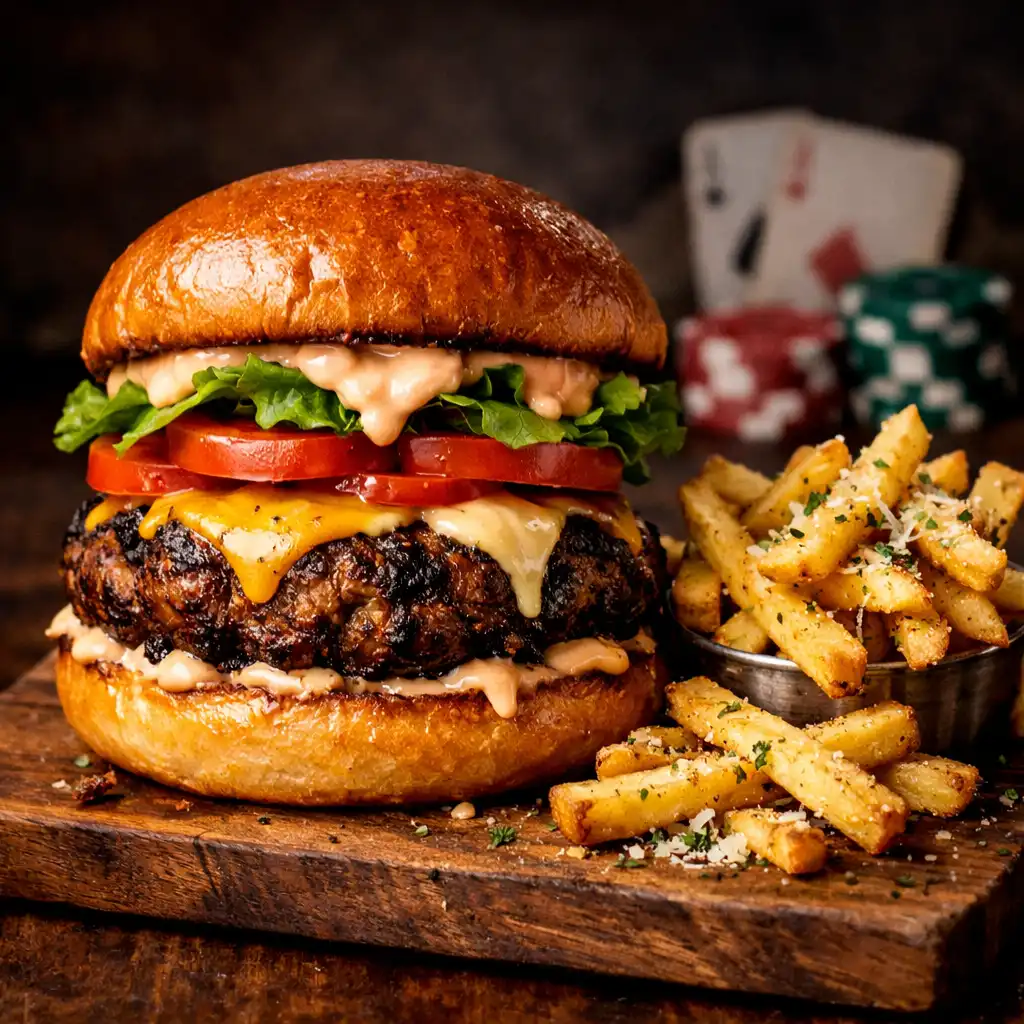 Wood-fired Angus burger with melted smoked cheddar and crispy bacon